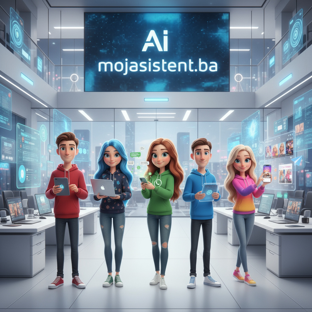 MojaSistent.ba AI team in modern office - 5 AI assistants for Instagram, WhatsApp, Email, Web, and more